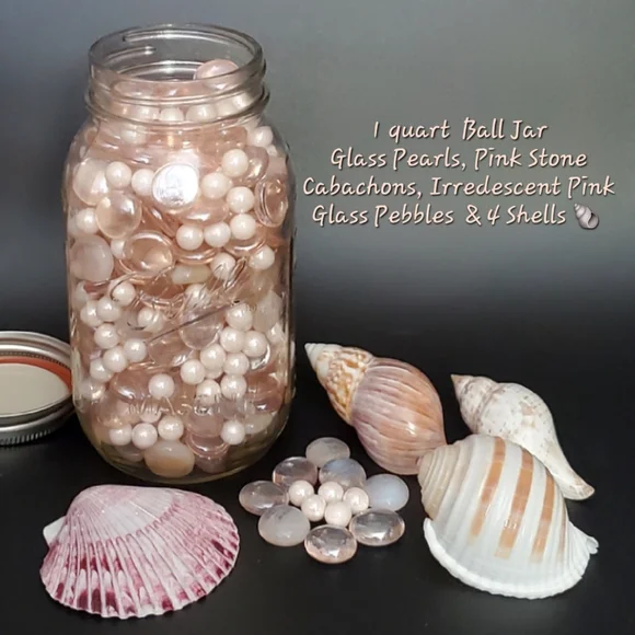 1qt Glass Pearls, Pink Irredescent Glass & Pink Cabachons, 4 shells🐚(3lbs 13oz) - Picture 1 of 6